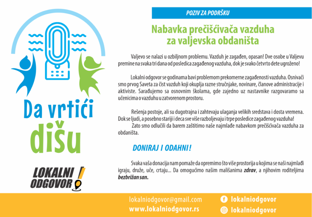 DA VRTIĆI DIŠU – Akcija nabavke prečišćivača vazduha za valjevska obdaništa
